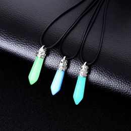 Fashion Luminous Stone Fluorescent Hexagonal Column Druzy Necklace Natural Crystal Gem Stone Pendant Leather Chains Necklace