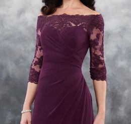 Grape Chiffon Bridesmaid Dresses off shoulder three quarter sleeves sheer with applique wedding party dress long bridesmaid dress