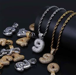 Men Women Fashion Iced Out Lucky Numer 0 to 9 Pendant Necklace with 24inch Rope Chain Luxury Micro Pave Cubic Zirconia Personailty Jewellery