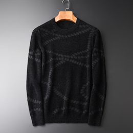 Minglu Autumn And Winter Men Sweater Hight Quality Warm Suede Silver Thread Jacquard Men Pullover Sweater Black Mens Sweaters
