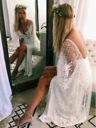 Sexy Backless Front Split Lace Country Wedding Dresses V-Neck Batwing Sleeve Long Wedding Dress vestido de noiva