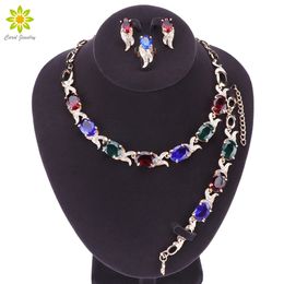 Gold Plated Wedding Jewelry Set For Women Multicolor Stones White Crystal Bracelet Earrings Necklace Pendant Rings