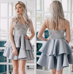 Silver Lace Appliqued Homecoming Dresses For Juniors V Neck Sequined Short Prom Gowns A Line Tiered Cocktail Party Dress