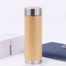 Bamboo Thermos Tea Tumbler-Infuser Bottle with Tea Infuser strainer 450ml Vacuum Insulated Stainless Steel Travel cup for Coffee