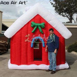 Small White Roof Inflatable Christmas Cottage Storage Candy Door Headband with Green Bows for Kids Entertainment or Festive Decoration