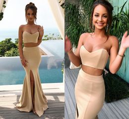 Champagne Two Piece Prom Dresses Sweetheart Satin Mermaid Evening Dress Side Slit Floor Length Party Gowns
