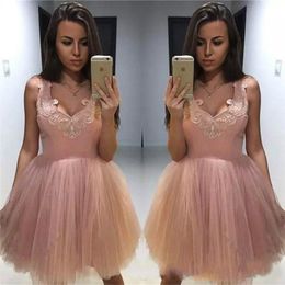 Trendy Pink V-Neck Applique Arabic Short Homecoming Dresses Tulle Sleeveless African Short Prom Dress Cocktail Graduation Party Club Wear