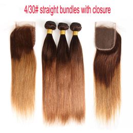 Ombre Brazilian Straight Virgin Hair Bundles With Lace Closure 4/30# Two Tone Dark Brown Honey Blonde Human Hair Weaves And Closure