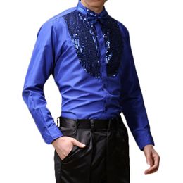 Vestidos de baile masculinos de manga comprida, trajes de dança latina, mistura de algodão, camisa de lantejoulas, roupa moderna de tango e rumba