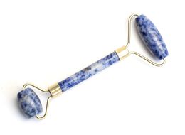 Natural Blue Dots Stone Carved Reiki Crystal Healing Gua Sha Beauty Roller Facial Massor Stick with Alloy Gold-Plated