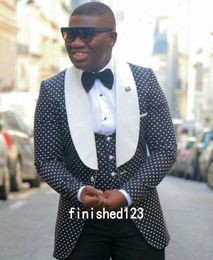 High Quality One Button black dot Groom Tuxedos Shawl Lapel Groomsmen Best Man Mens Wedding Suits (Jacket+Pants+Vest+Tie) D:168