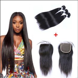 Brazilian Straight Human Hair Weaves Extensions 4 Bundles with Closure Free Middle 3 Part Double Weft Dyeable Bleachable 100g/bundle