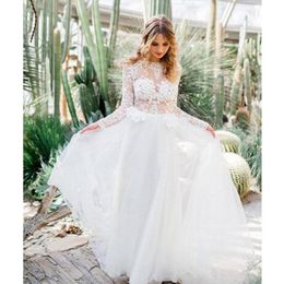 Sexy See Through Sheer Top Backless Wedding Dress Long Sleeve Appliques Lace A-Line Country Wedding Dresses vestido de noiva