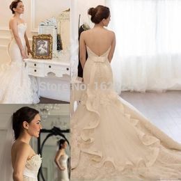 uniques designers mermaid wedding dresses with ruffles train sweetheart sexy lace backless plus size bridal gowns wedding dresses