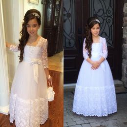 Princess Long Sleeves Lace Holy Communion Dresses Girls Pageant Ball Gown Vintage Flower Girls Dreses Vestidos