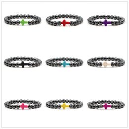 9Colors 8mm Black Hematite Non-magnetic Stone Beads Bracelet Natural Cross Stone Charms Elastic Bracelet Men Stretch Jewelry