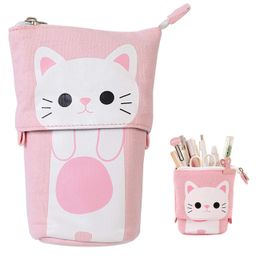 Transformer Stand Store Pencil Holder Canvas PU Cat Telescopic Pencil Pouch Bag Stationery Pen Case Box with Zipper Cartoon Design WJ032