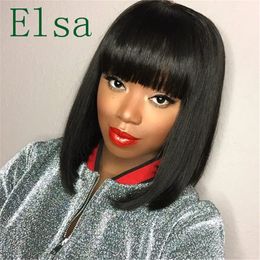 Brazilian Human Hair Short Wigs Shoulder Length Bob Style For Black Women African Americans Natural Color Short Bob Wig With Full Bangs