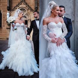 Modest Long Sleeves Mermaid Wedding Dresses Backless Off The Shoulder Tiered Skirts Bridal Gowns Lace Appliqued Sweetheart Wedding Dress