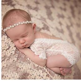 KLV Newborn Photography Props Baby Girl Lace Romper Infant Photo Shoot Clothes White Black V Cut Open Back Romper #25