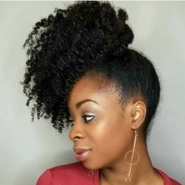 Chic Kinky Curly Hair Ponytail African American Short Afro Kinky Curly Wrap Human Hair Drawstring Puff Ponytail Hair Extensions with Clips