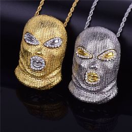 Hip Hop CSGO Pendant Necklace Punk Style Bling Rhinestone Gold Silver Mask Head Charm Men's Rock Jewelry High Quality Gift