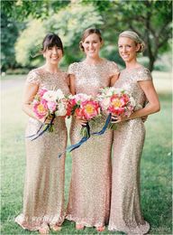 Gold Sequins Long Bridesmaid Dress Cap Sleeves Backless Formal Maid of Honor Dress For Wedding Party Gown