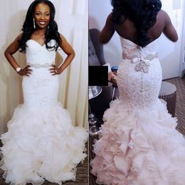 Gorgeous Mermaid Wedding Dresses South African 2018-2019 Sweetheart Lace Beaded Bridal Gowns Organza Ruffles Wedding Vestidos Custom Made