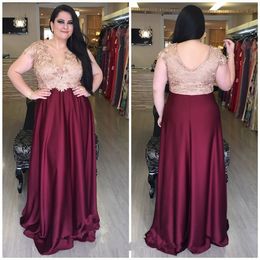 2018 Elegant Plus size Evening Dresses With lace Short Sleeves Empire Waist Cheap Long Prom Formal Dress Deep V neck Pearls Beaded