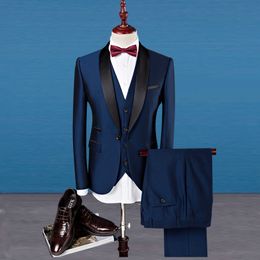 High Quality Groomsmen Shawl Lapel Groom Tuxedos Navy Blue Men Suits Wedding/Prom Best Man Blazer ( Jacket+Pants+Vest+Tie ) A252