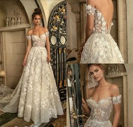 2019 Berta Wedding Dresses A Line Off Shoulder Lace 3D Floral Applique Sweep Train Backless Country Bridal Dress Beaded Boho Wedding Gowns