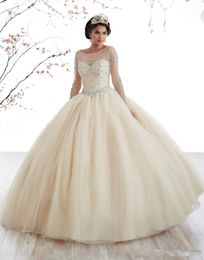 Champagne Long Sleeves Puffy Quinceanera Dresses Floor Length Keyhole Back Princess Prom Dress Gown Pageant Party Gowns