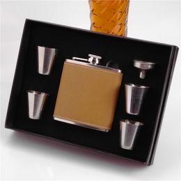 Leather 18/8 Stainless Steel 6 oz Hip Flask with 4 cups and funnel gift box , 18/8 (304) food degree