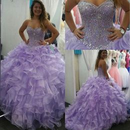 Lavender Organza Ball Gown Quinceanera Dresses Sweetheart Beaded Stones Top Layered Ruffles Floor Length Prom Party Princess Dresses