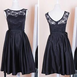 Little Black Graceful High Quality Jewel A Line Bridesmaid Lace and Elastic Satin Dresses Maid of the Honor Knee-length Wedding Guest Dress