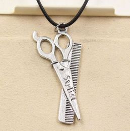 free ship 20pcs/lot Tibetan Silver Scissor Comb Choker Charms Black Leather Cord Necklace DIY