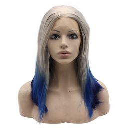 Ombre Grey Blue Short Bob Lace Front Wig Heat Safe Fibre Hair