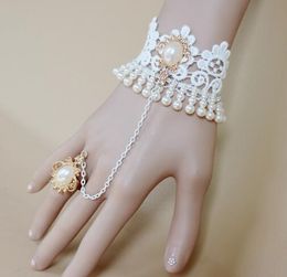 Hot style Korean bride wedding Jewellery white lace pearl bracelet with ring chain integration of fashion classic elegant