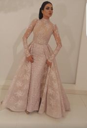 High Neck Mermaid Evening Dresses With Detachable Train Blush Pink Full Lace Appliqued Illusion Bodice Long Sleeves Formal Prom Gowns New