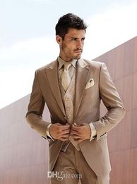 Slim Fit One Button Khaki Groom Tuxedos Beautiful Men Formal Business Suits Men Prom Dinner Suits Custom Made(Jacket+Pants+Tie+Vest)NO;800