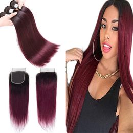 Ombre 1B/99J Black and Burgundy Two Tone Colour Human Hair Lace Closure With 3 Bundles Brazilian Peruvian Malaysian Straight Virgin Hair Deals