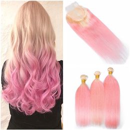 Two Tone #613/Pink Ombre Malaysian Human Hair Weave Bundles with Closure Blonde and Pink Ombre Straight Hair Weaves with Lace Closure 4x4
