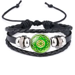 Seven Chakra Yoga Reiki Healing Spiritual Glass Cabochon Leather Bangle Women gift Charm Braided Multi-layer Bracelet