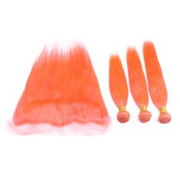 Brazilian Orange Human Hair Bundles 3Pcs with Full Lace Frontal Closure 13x4 Silky Straight Colored Orange Virgin Human Hair Weaves