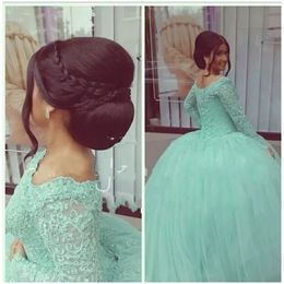 2018 New Mint Green Long Sleeve Quinceanera Dresses Ball Gown Sweet 16 Year Dress vestidos de debutante Sweet 16 Dresses Q42