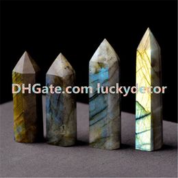 Wiccan Natural Labradorite Quartz Crystal Wand Point Healing Decor Genuine Powerful Gemstone Crystal Standing 6 Facet Single Point Figurine