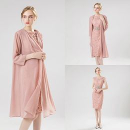 Cheap Pink Mother Of The Bride Dresses With Long Sleeves Chiifon Jacket Formal Evening Gowns Full Lace Sheath Wedding Guest Dress Prom