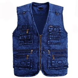 Men's vest Outerwear denim waistcoat blue color no sleeve coat Multi-pocket size XL to 5XL