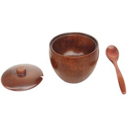 3pcs/set Good quality natural wood tableware jar kitchen supplies seasoning sauce pot with lid bowl salt shaker box LZ1326