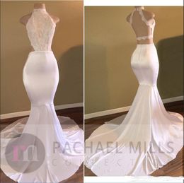 Gorgeous White Prom Dresses 2018 Open Back With Lace Sequines Evening Dresses Party Wear Sweep Train Mermaid African Black Girl Gowns
